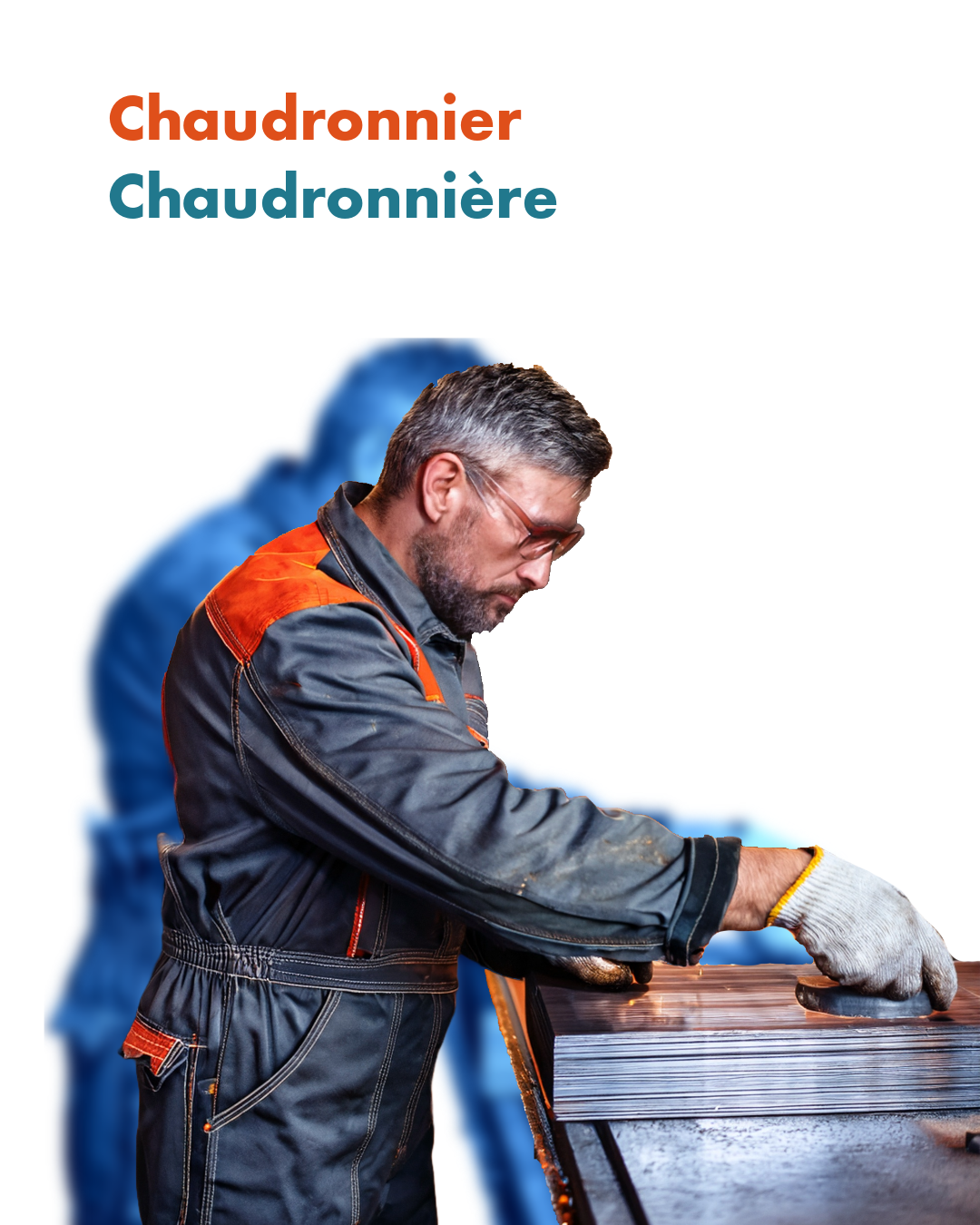 Chaudronnier ChaudronnièreHF-8 Homme chaudronnier en combinaison de travail manipulant une plaque métallique en atelier