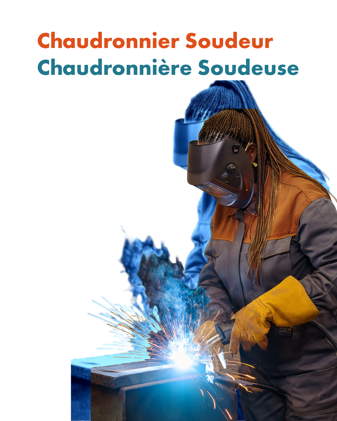 Chaudronnier ChaudronnièreHF-9 Femme chaudronnière en tenue de sécurité effectuant une soudure sur une pièce métallique dans un atelier industriel