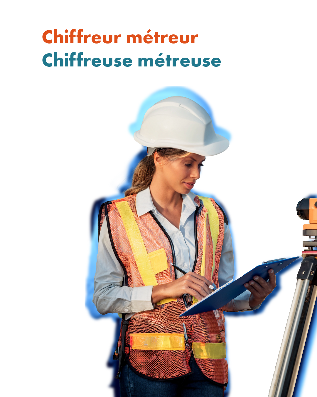 Chiffreur métreur Ou Chiffreuse métreuse Chiffreuse métreuse sur chantier avec casque et gilet de sécurité consultant un plan.