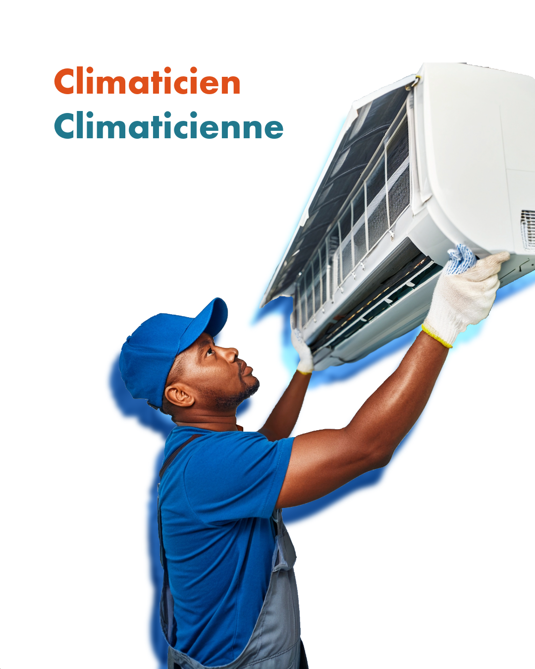 Technicien en climatisation installant une unité de climatisation murale Technicien en climatisation installant une unité de climatisation murale