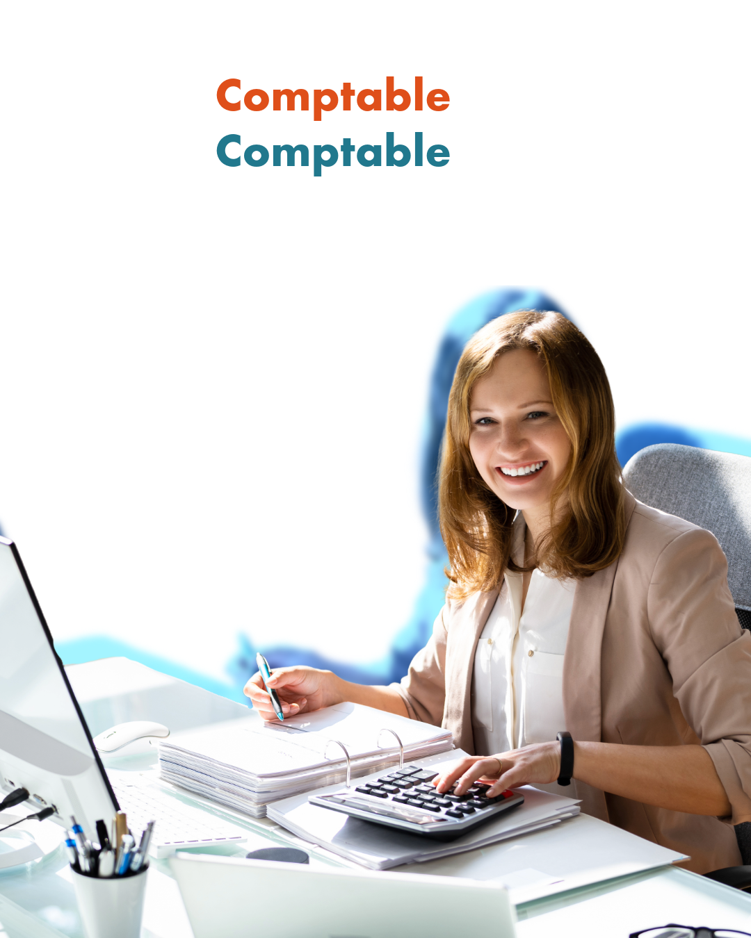 Femme comptable souriante en tenue professionnelle, travaillant sur des documents financiers avec une calculatrice dans un bureau moderne.