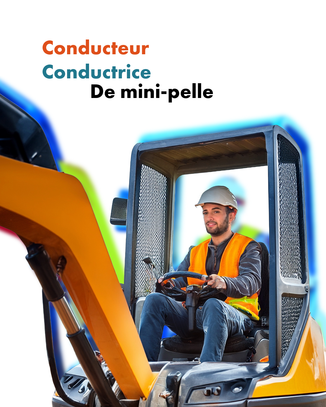 Conducteur·rice de mini-pelle manipulant une mini-pelle de moins de 10 tonnes lors de travaux de terrassement en extérieur, portant un casque et des équipements de sécurité.

