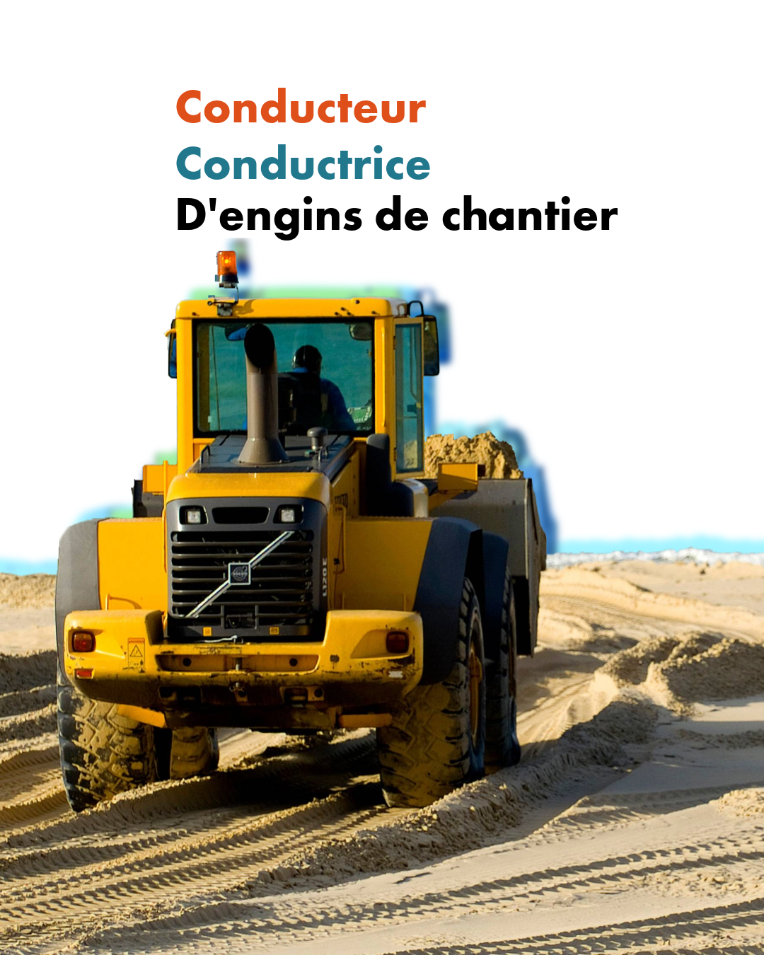  Conducteur ou conductrice d’engin de chantier sur terrain sableux, au volant d’un engin de terrassement.