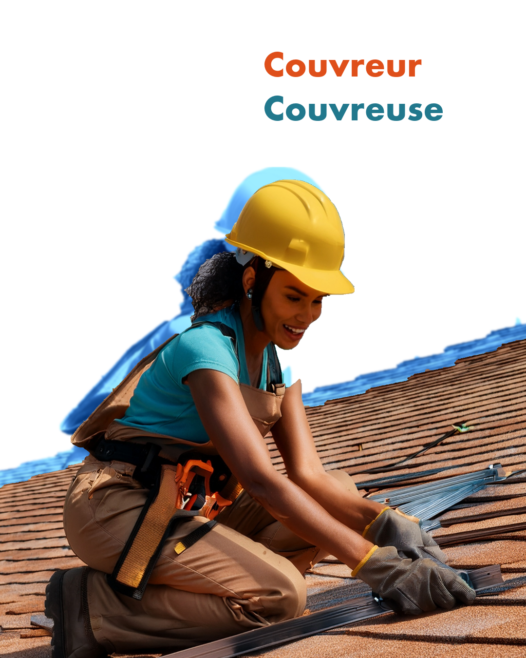 Couvreur / Couvreuse en action sur un toit Femme couvreuse posant des éléments de toiture, portant un casque de chantier et des gants de protection
