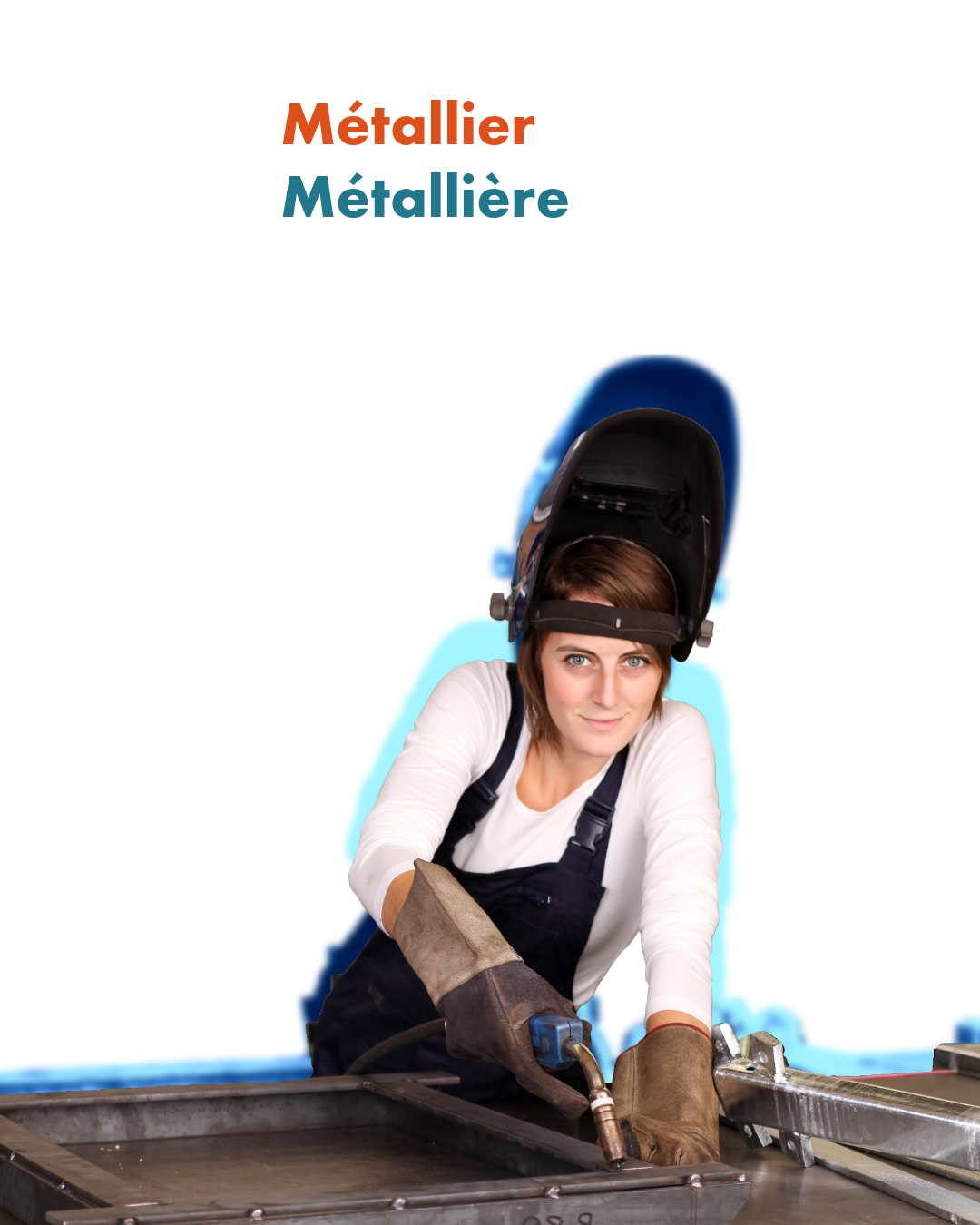 Métallier / Métallière – Un métier de précision et de savoir-faire Femme métallière en tenue de protection, en train de souder une structure métallique sur un établi. Elle porte un masque relevé, des gants de sécurité et un bleu de travail. Illustration du métier de métallier-métallière.