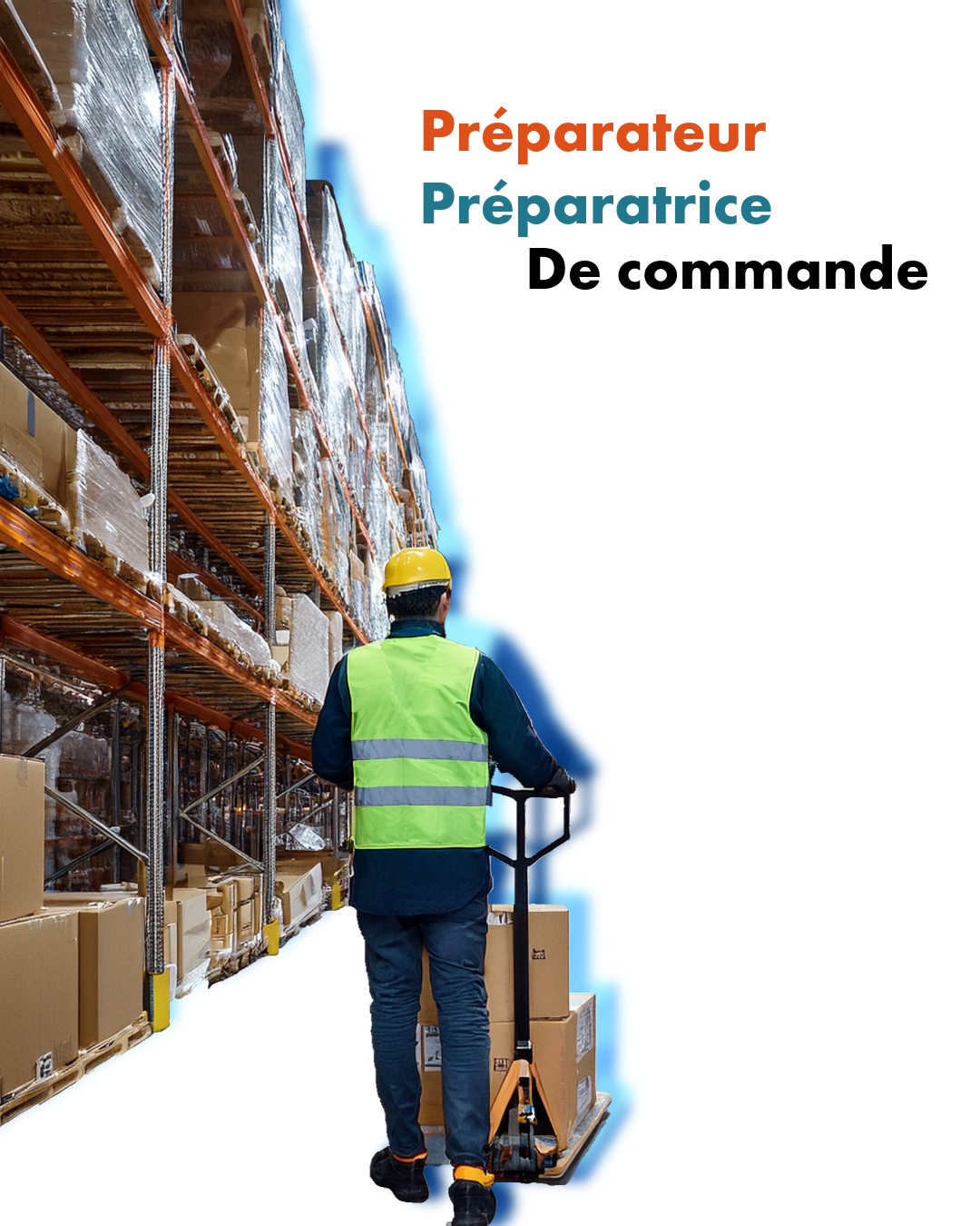 Un préparateur de commande en action dans un entrepôt, équipé d’un gilet de sécurité et d’un transpalette manuel.