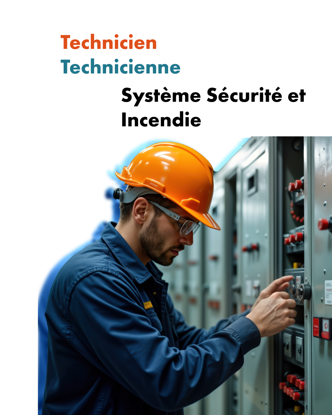 Technicien SSI inspectant un système électrique de sécurité incendie avec casque et lunettes de protection