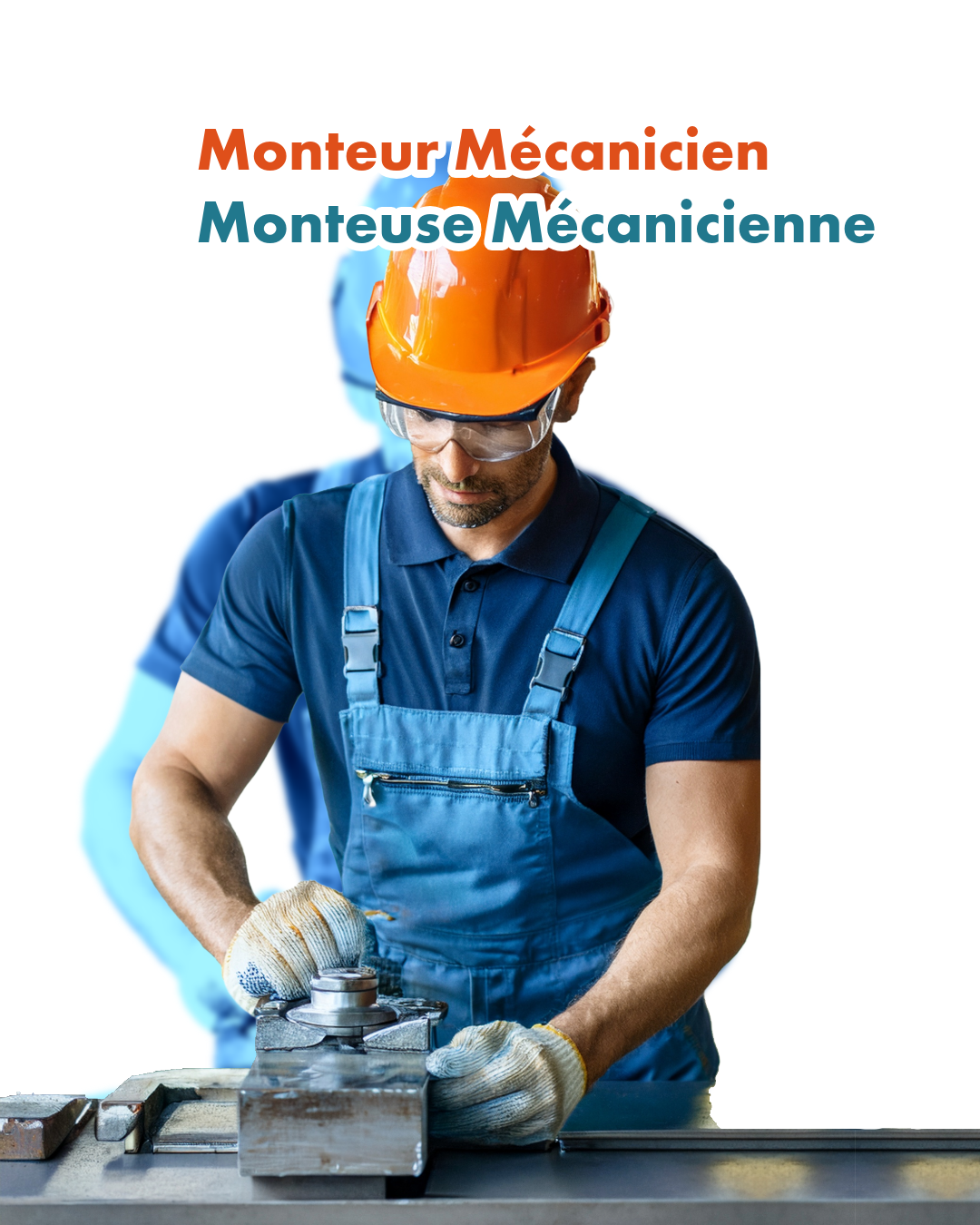 Monteur mécanicien portant un casque orange et des gants, travaillant sur une pièce mécanique en atelier