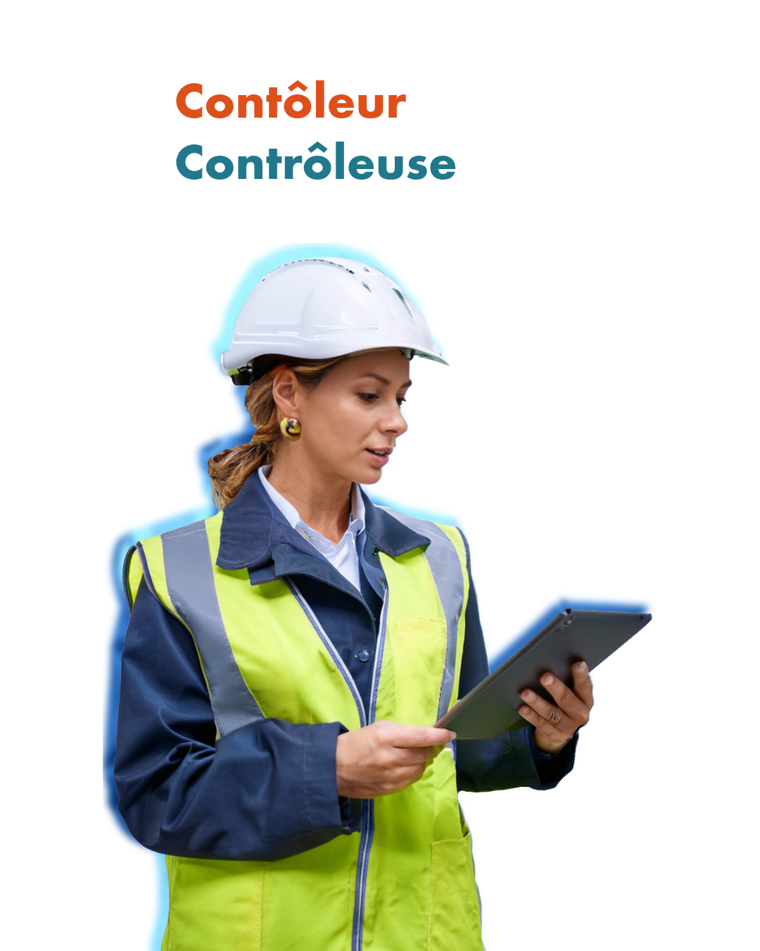 Contrôleur / Contrôleuse – Inspection et conformité industrielle. Contrôleuse industrielle portant un casque de sécurité et un gilet fluorescent, utilisant une tablette pour effectuer une inspection technique.