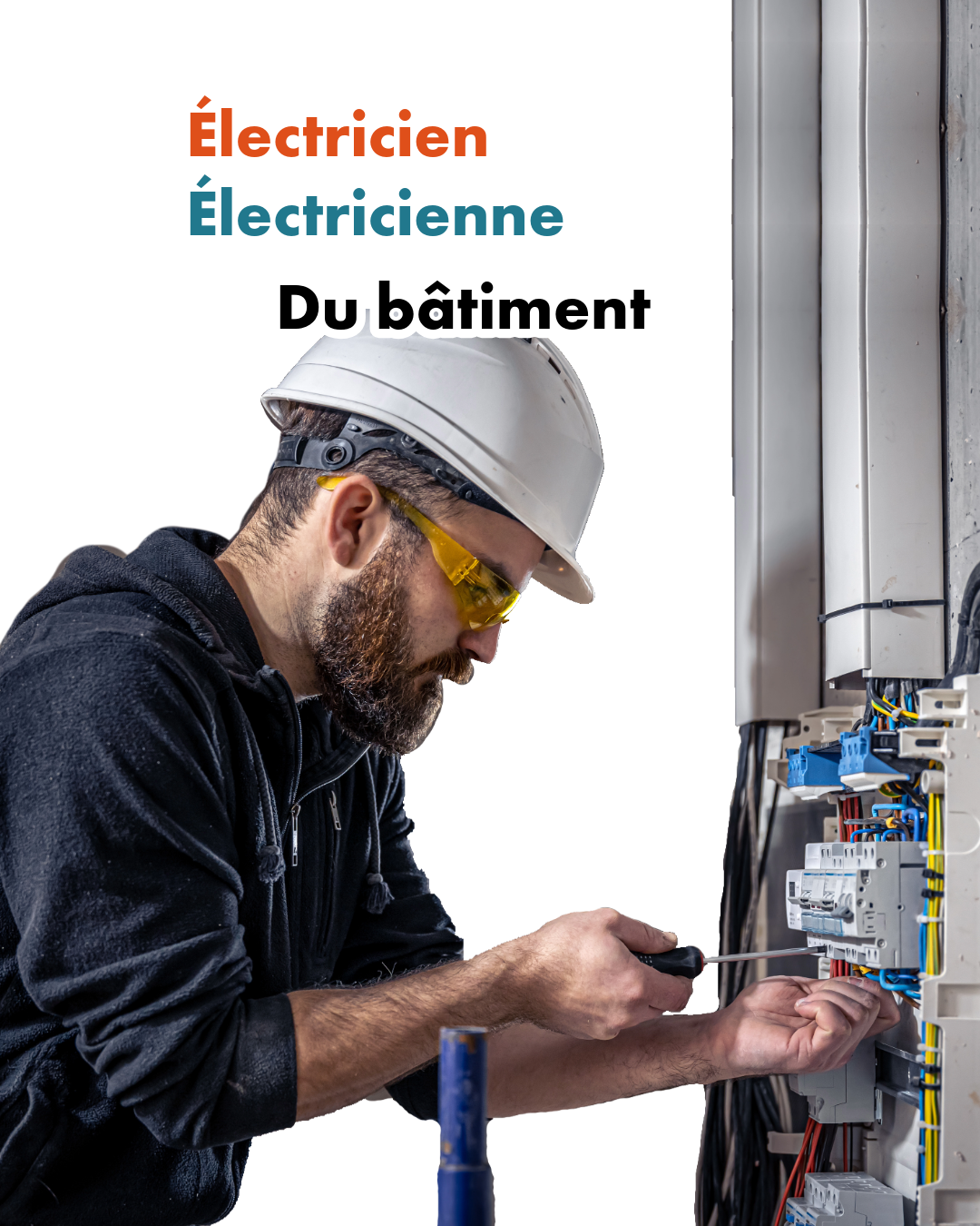 Électricien effectuant l’installation et la maintenance d’équipements électriques sur un chantier de bâtiment résidentiel ou tertiaire, respectant les règles de sécurité et utilisant le matériel adapté.